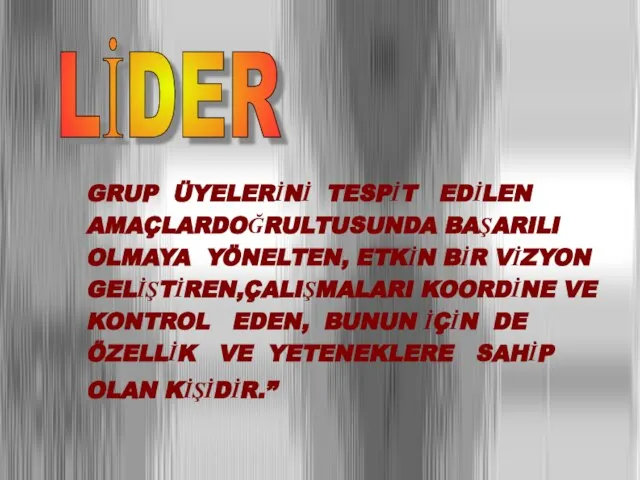 GRUP ÜYELERİNİ TESPİT EDİLEN AMAÇLARDOĞRULTUSUNDA BAŞARILI OLMAYA YÖNELTEN, ETKİN BİR VİZYON