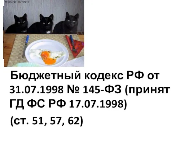 Бюджетный кодекс РФ от 31.07.1998 № 145-ФЗ (принят ГД ФС РФ 17.07.1998) (ст. 51, 57, 62)