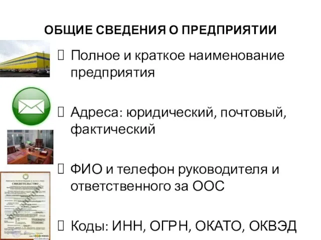 ОБЩИЕ СВЕДЕНИЯ О ПРЕДПРИЯТИИ Полное и краткое наименование предприятия Адреса: юридический,