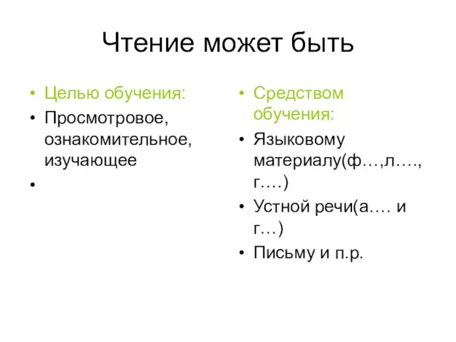 Чтение может быть Целью обучения: Просмотровое, ознакомительное, изучающее Средством обучения: Языковому