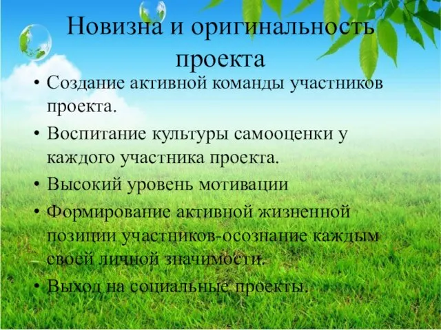 Новизна и оригинальность проекта Создание активной команды участников проекта. Воспитание культуры