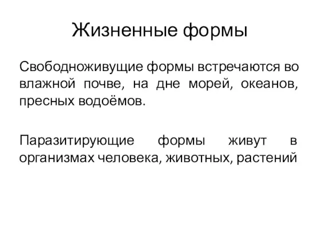 Жизненные формы Свободноживущие формы встречаются во влажной почве, на дне морей,