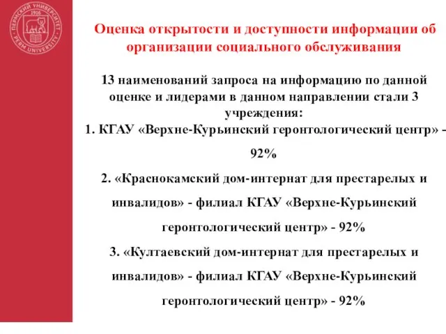 Оценка открытости и доступности информации об организации социального обслуживания 13 наименований