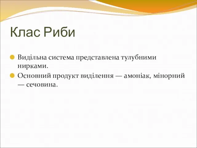 Клас Риби Видільна система представлена тулубними нирками. Основний продукт виділення — амоніак, мінорний — сечовина.