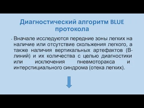 Диагностический алгоритм BLUE протокола Вначале исследуются передние зоны легких на наличие