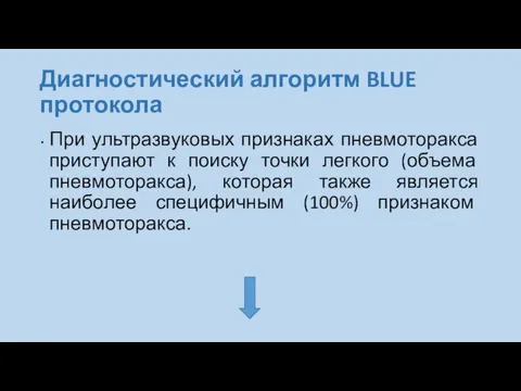 Диагностический алгоритм BLUE протокола При ультразвуковых признаках пневмоторакса приступают к поиску