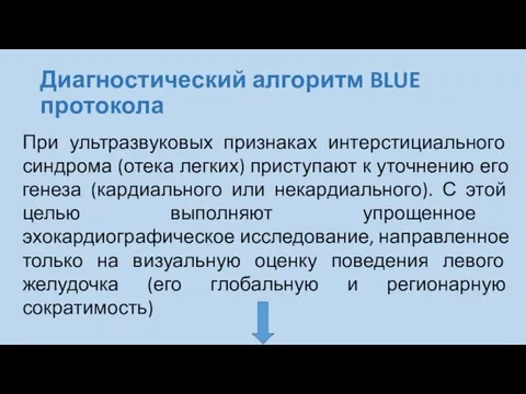 Диагностический алгоритм BLUE протокола При ультразвуковых признаках интерстициального синдрома (отека легких)