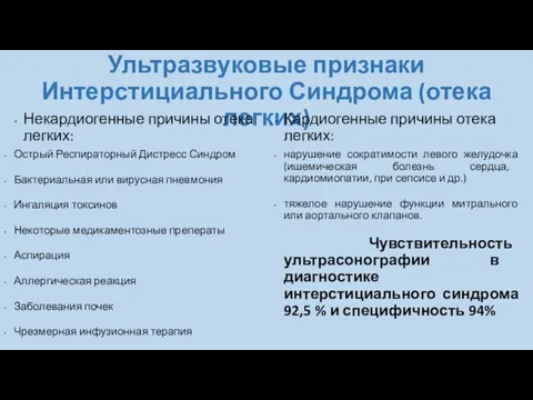 Ультразвуковые признаки Интерстициального Синдрома (отека легких) Некардиогенные причины отека легких: Острый