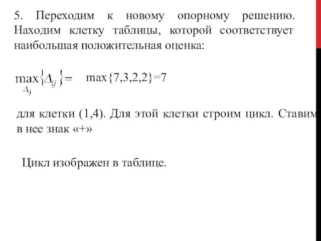 5. Переходим к новому опорному решению. Находим клетку таблицы, которой соответствует