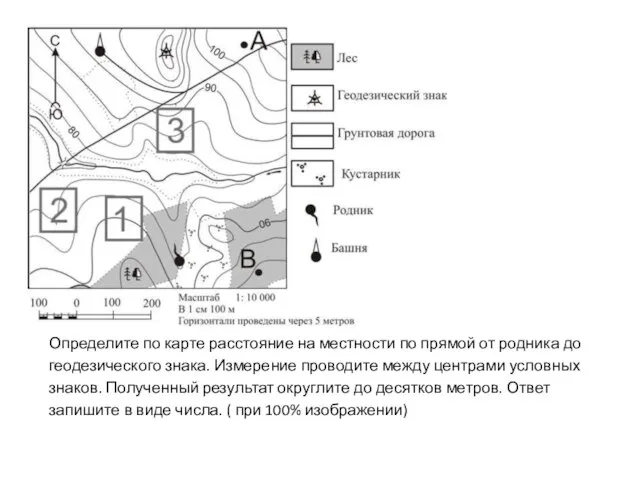 Определите по карте расстояние на местности по прямой от родника до