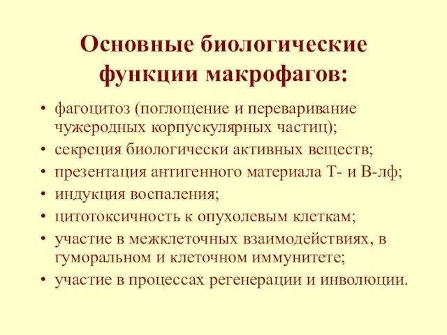 Основные биологические функции макрофагов: фагоцитоз (поглощение и переваривание чужеродных корпускулярных частиц);