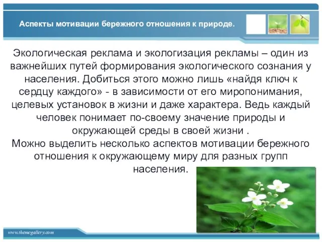 Аспекты мотивации бережного отношения к природе. Экологическая реклама и экологизация рекламы