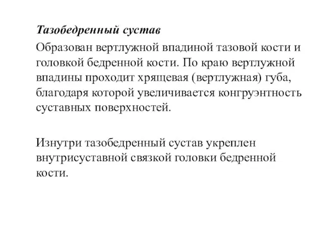 Тазобедренный сустав Образован вертлужной впадиной тазовой кости и головкой бедренной кости.