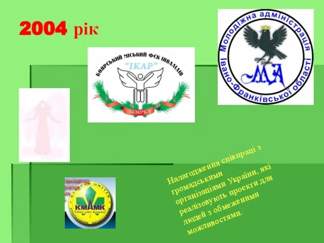2004 рік Налагодження співпраці з громадськими організаціями України, які реалізовують проекти для людей з обмеженими можливостями.