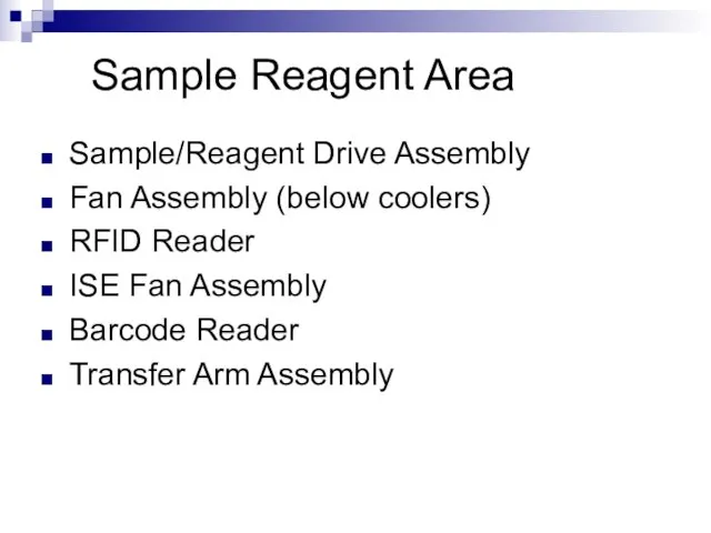 Sample Reagent Area Sample/Reagent Drive Assembly Fan Assembly (below coolers) RFID