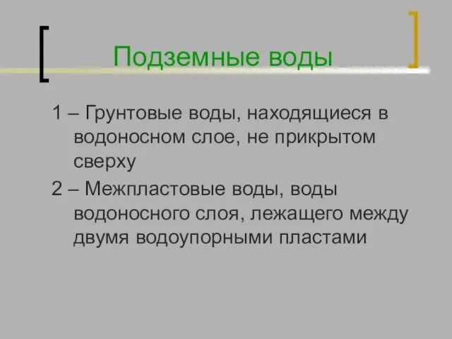 Подземные воды 1 – Грунтовые воды, находящиеся в водоносном слое, не