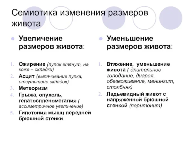 Семиотика изменения размеров живота Увеличение размеров живота: Ожирение (пупок втянут, на