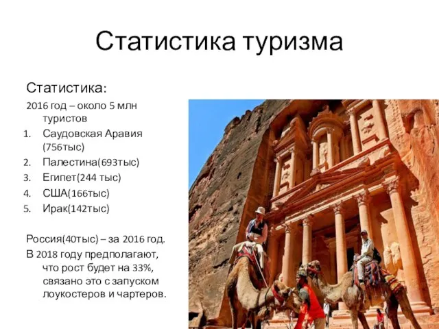 Статистика туризма Статистика: 2016 год – около 5 млн туристов Саудовская