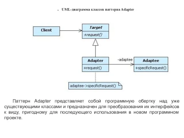 UML-диаграмма классов паттерна Adapter Паттерн Adapter представляет собой программную обертку над