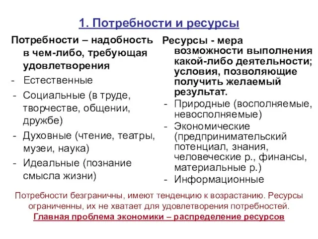 1. Потребности и ресурсы Потребности – надобность в чем-либо, требующая удовлетворения