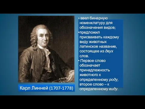 Карл Линней (1707-1778) ввел бинарную номенклатуру для обозначения видов; предложил присваивать