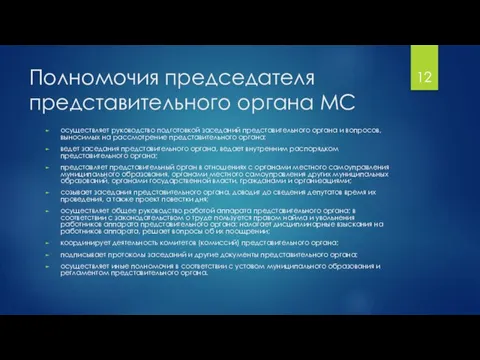 Полномочия председателя представительного органа МС осуществляет руководство подготовкой заседаний представительного органа