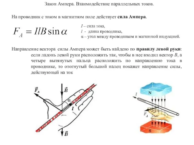 Закон Ампера. Взаимодействие параллельных токов. На проводник с током в магнитном