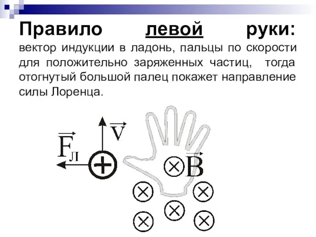 Правило левой руки: вектор индукции в ладонь, пальцы по скорости для