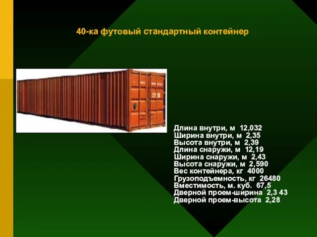 40-ка футовый стандартный контейнер Длина внутри, м 12,032 Ширина внутри, м