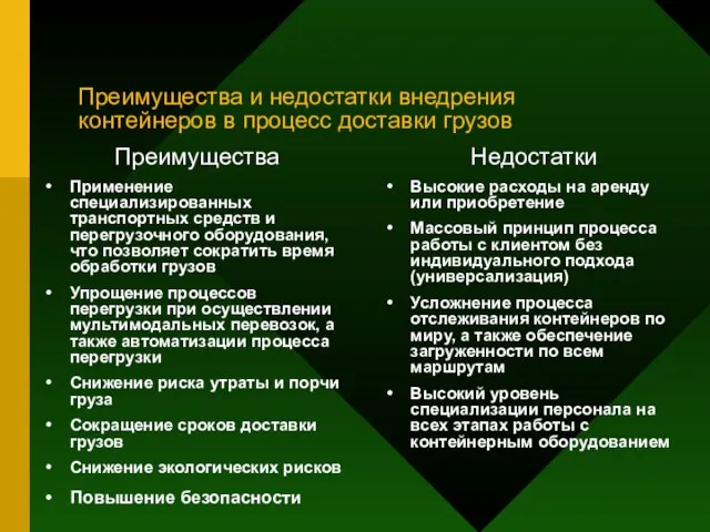 Преимущества и недостатки внедрения контейнеров в процесс доставки грузов Преимущества Применение