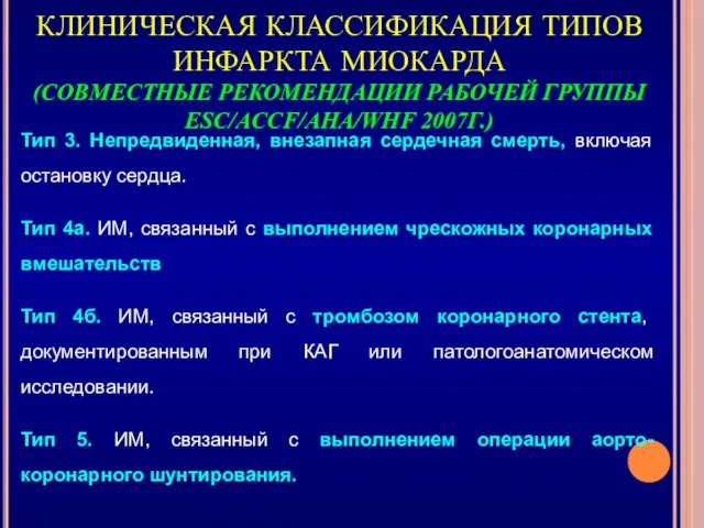 КЛИНИЧЕСКАЯ КЛАССИФИКАЦИЯ ТИПОВ ИНФАРКТА МИОКАРДА (СОВМЕСТНЫЕ РЕКОМЕНДАЦИИ РАБОЧЕЙ ГРУППЫ ESC/ACCF/AHA/WHF 2007Г.)