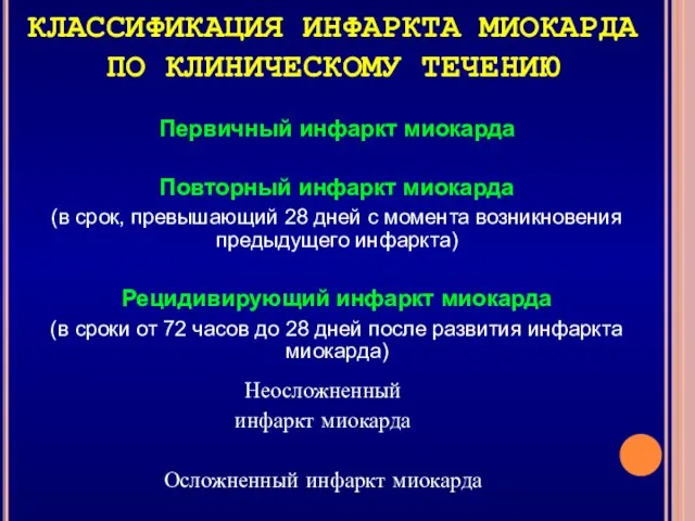 КЛАССИФИКАЦИЯ ИНФАРКТА МИОКАРДА ПО КЛИНИЧЕСКОМУ ТЕЧЕНИЮ Первичный инфаркт миокарда Повторный инфаркт