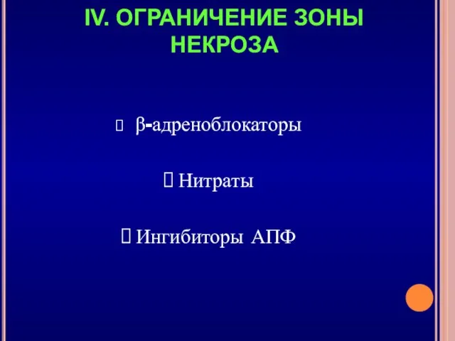 β-адреноблокаторы Нитраты Ингибиторы АПФ IV. ОГРАНИЧЕНИЕ ЗОНЫ НЕКРОЗА