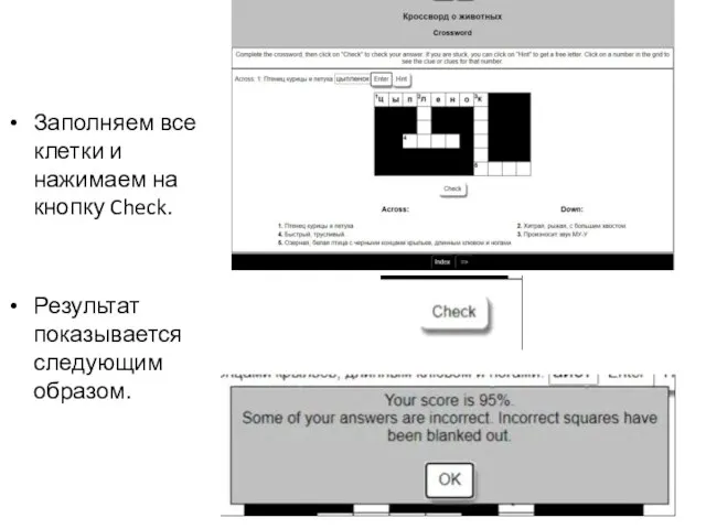 Заполняем все клетки и нажимаем на кнопку Check. Результат показывается следующим образом.