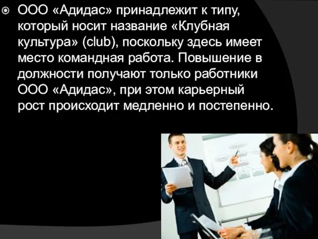 ООО «Адидас» принадлежит к типу, который носит название «Клубная культура» (club),