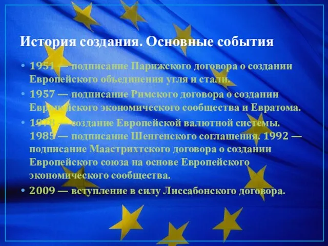 История создания. Основные события 1951 — подписание Парижского договора о создании