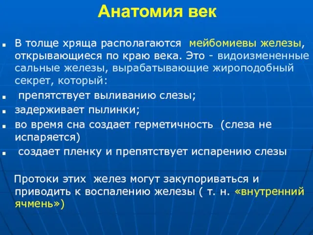 Анатомия век В толще хряща располагаются мейбомиевы железы, открывающиеся по краю