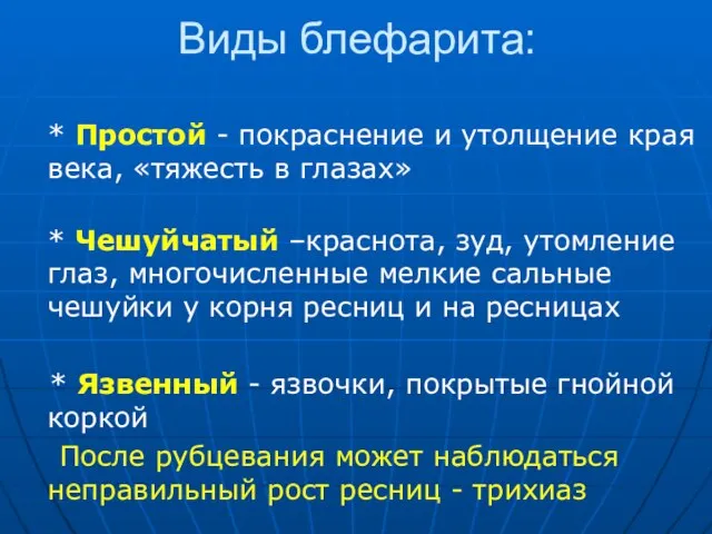 Виды блефарита: * Простой - покраснение и утолщение края века, «тяжесть