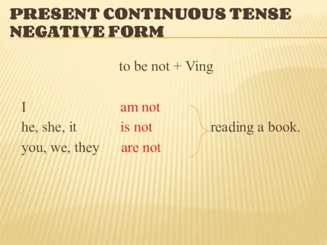 PRESENT CONTINUOUS TENSE NEGATIVE FORM to be not + Ving I