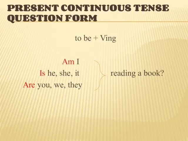 PRESENT CONTINUOUS TENSE QUESTION FORM to be + Ving Am I