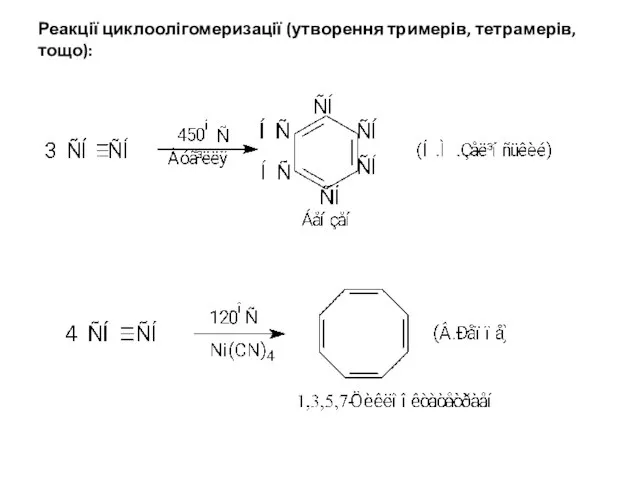 Реакції циклоолігомеризації (утворення тримерів, тетрамерів, тощо):