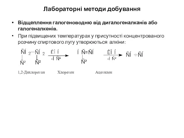 Лабораторні методи добування Відщеплення галогеноводню від дигалогеналканів або галогеналкенів. При підвищених