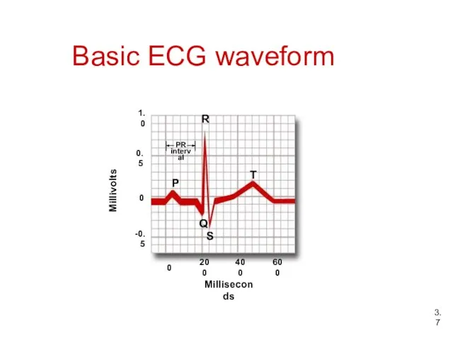 Basic ECG waveform Millivolts Milliseconds 0 200 400 600 -0.5 0 0.5 1.0 3.7