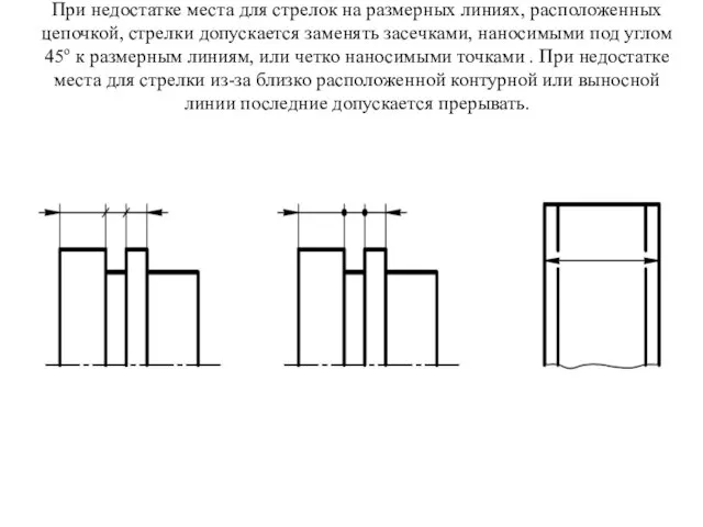При недостатке места для стрелок на размерных линиях, расположенных цепочкой, стрелки