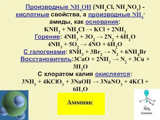 Производные NH4OH (NH4Cl, NH4NO3) - кислотные свойства, а производные NH2- амиды,