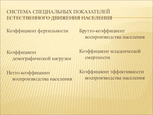 СИСТЕМА СПЕЦИАЛЬНЫХ ПОКАЗАТЕЛЕЙ ЕСТЕСТВЕННОГО ДВИЖЕНИЯ НАСЕЛЕНИЯ Коэффициент фертильности Коэффициент демографической нагрузки