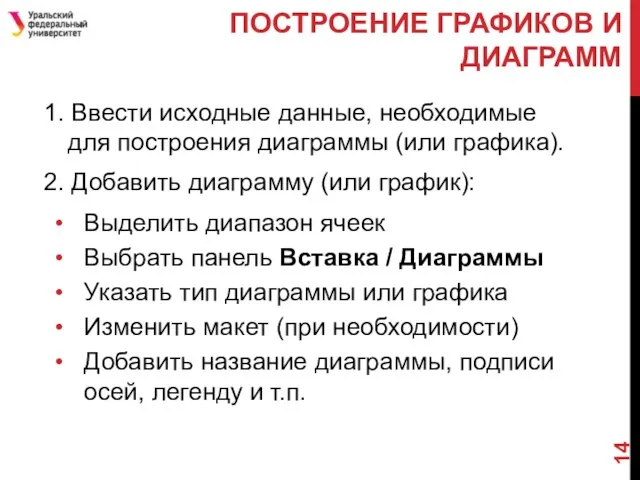 ПОСТРОЕНИЕ ГРАФИКОВ И ДИАГРАММ 1. Ввести исходные данные, необходимые для построения