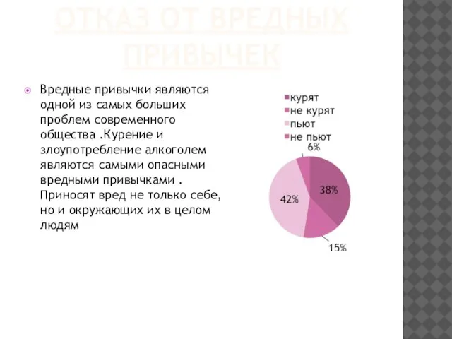 ОТКАЗ ОТ ВРЕДНЫХ ПРИВЫЧЕК Вредные привычки являются одной из самых больших