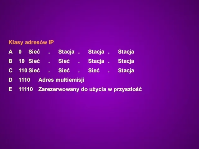 Klasy adresów IP A 0 Sieć . Stacja . Stacja .