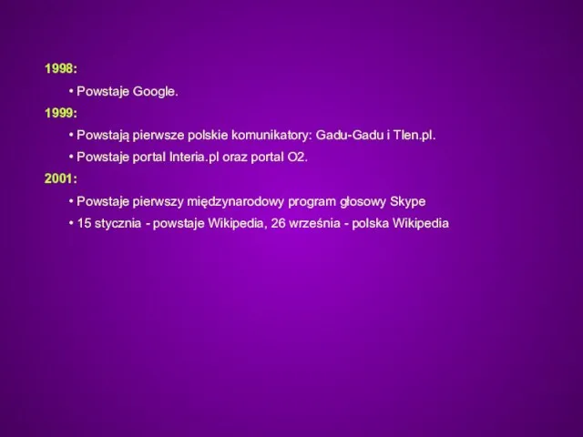 1998: Powstaje Google. 1999: Powstają pierwsze polskie komunikatory: Gadu-Gadu i Tlen.pl.